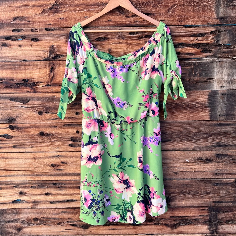NEW YORK & COMPANY | Floral Green Off-Shoulder Dress L